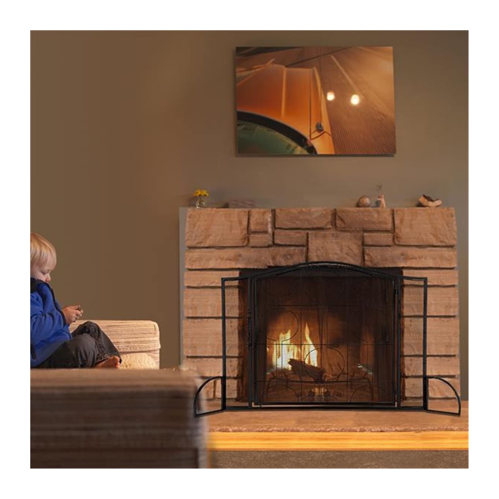 Schermi per Caminetti di Guardia Schermo for Camino Porta Singola Rete Nera con Motivo Geometrico Grill Soggiorno Accessori per Caminetti in Rete Decorativa