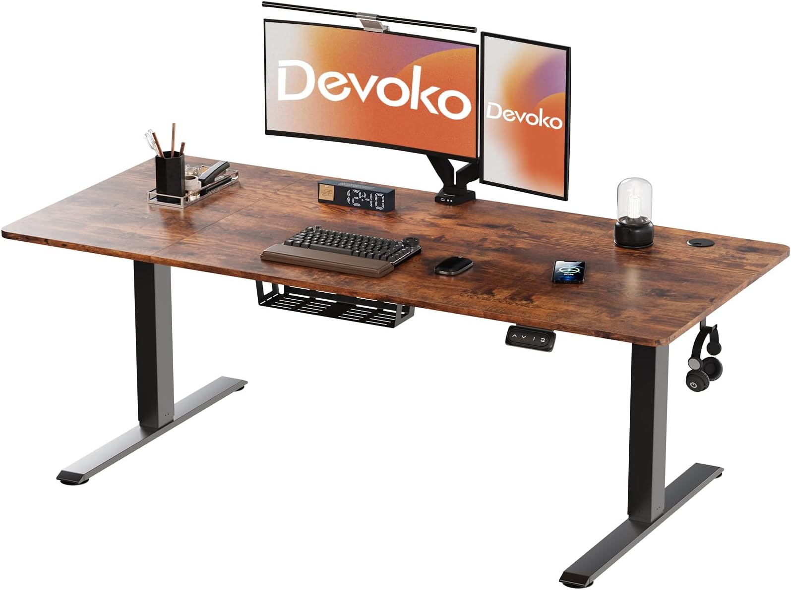 Devoko Electric Standing Desk 200x80cm Sit Stand Table Height Adjustable Desk with Backpack Hook and Memory Smart Pannel, Rustic Brown
