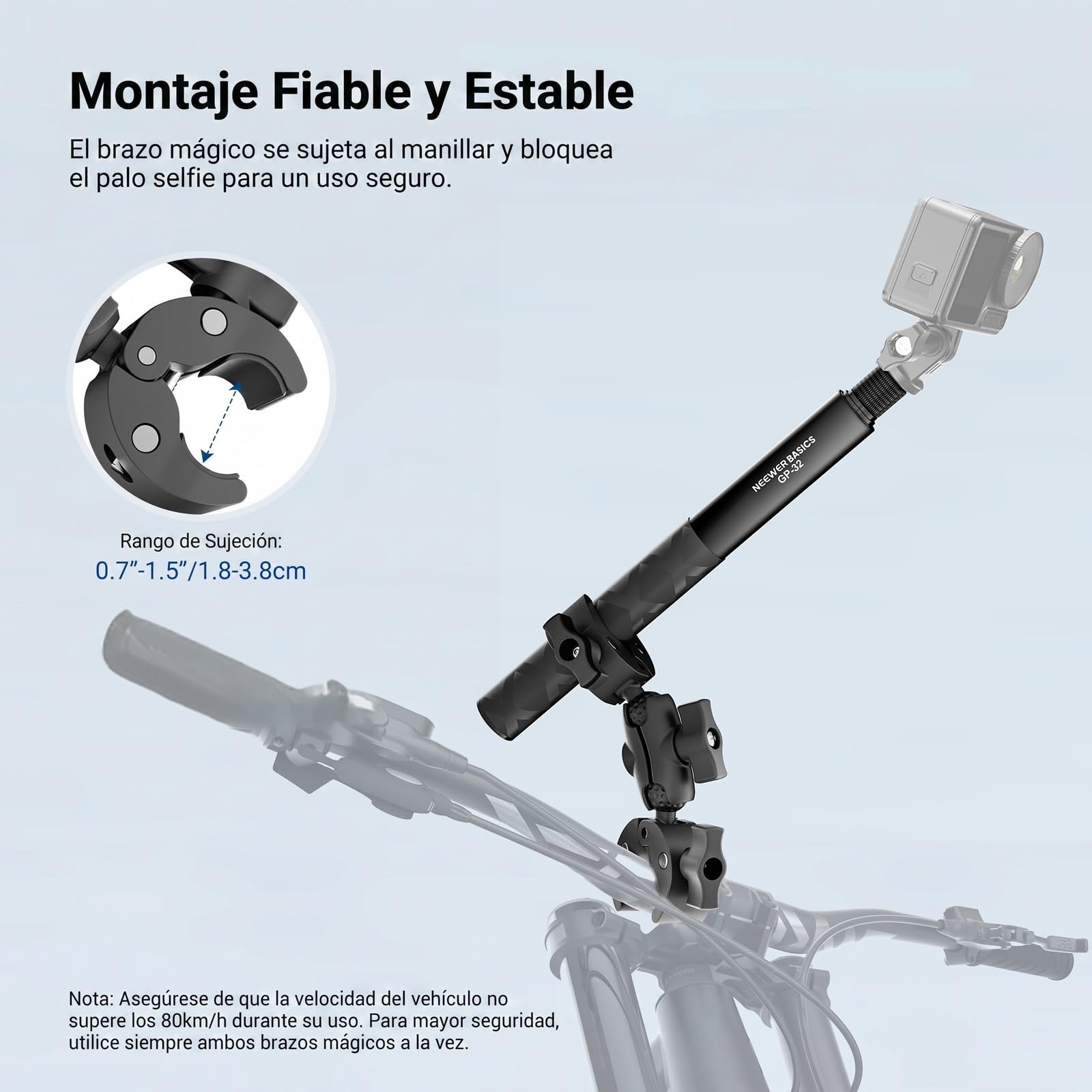 NEEWER BASICS Kit Accesorios Montaje en Motocicleta, Palo Selfie Invisible, Soporte para Manillar Bicicleta, Compatible con Insta360 DJI OSMO 360 Pocket 3 Action Cam para Grabación de Video POV, GP-32