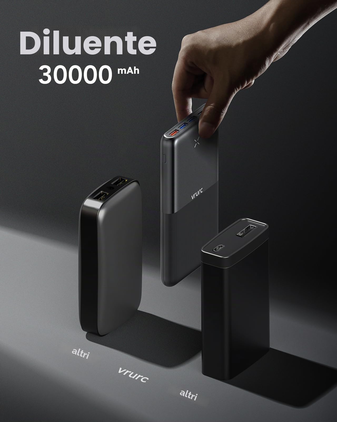 VRURC Batteria esterna 30000 mAh, USB C Power Bank Ricarica Rapida, 22.5 W PD3.0 & QC3.0 USB C Caricatore Portatile Compatto con 3 Ingresso & 3 Uscita Compatibile con iPhone Samsung Huawei ecc