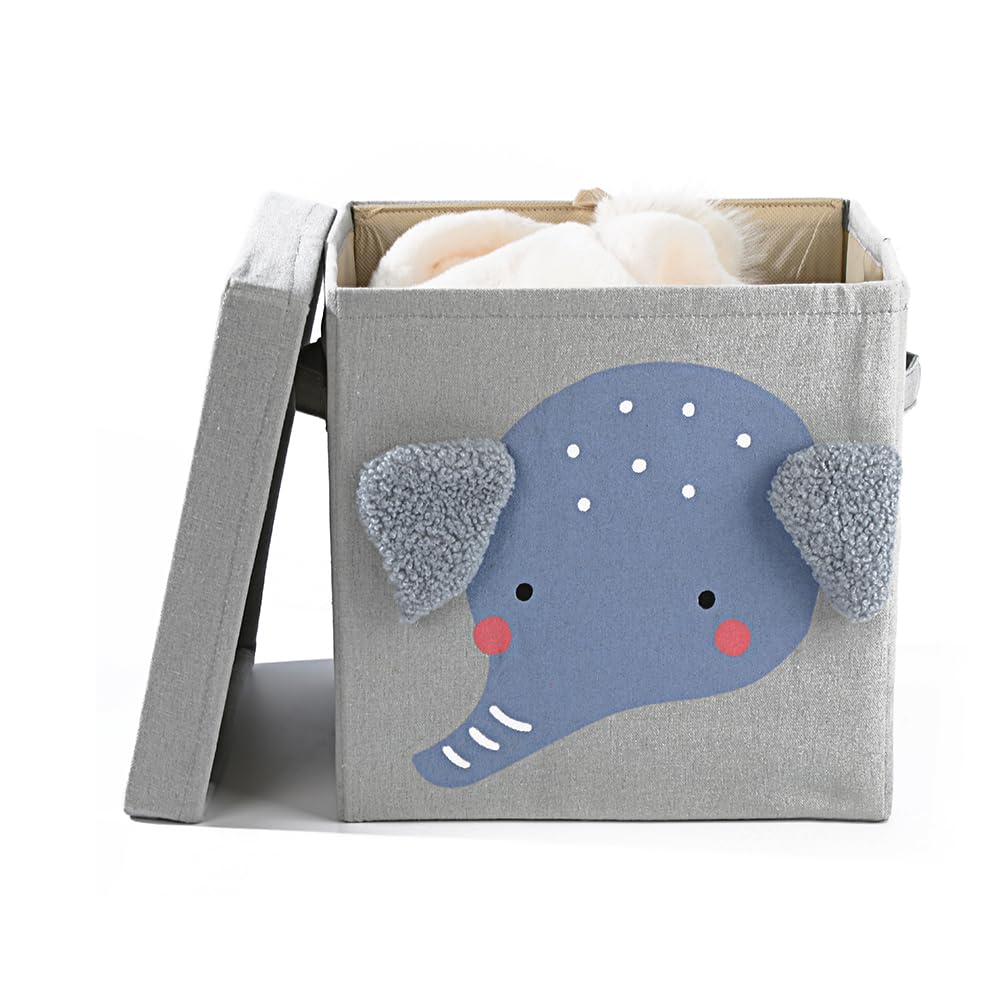 House of Quirk Storage Bins with Lid, Foldable Clothing Storage Box case with Handle for Toy, Books, Closet, Bedroom, Home (Grey Elephant)
