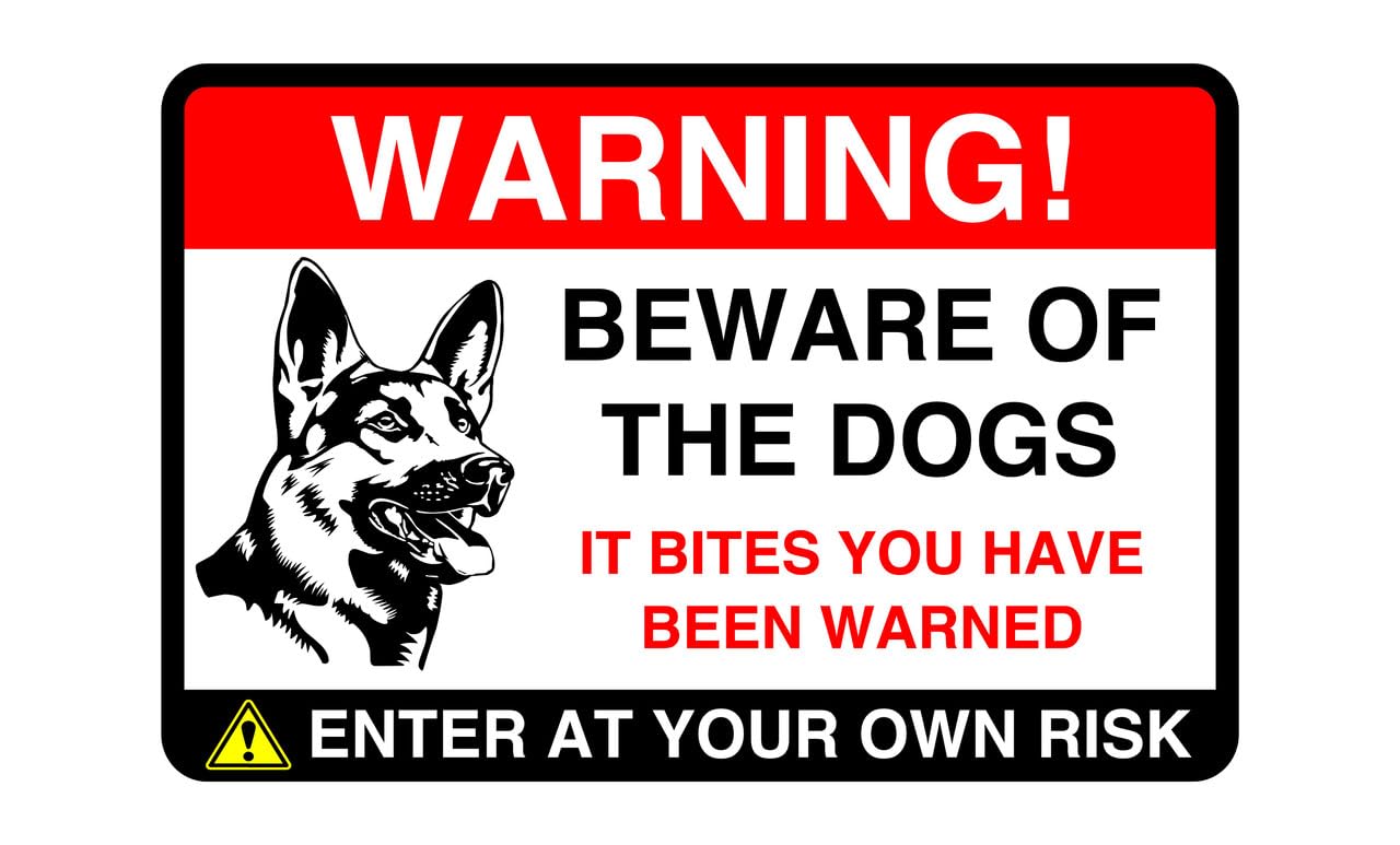 Beware of the dogs! "it bites you have been warned" dog sign - 1.2mm Rigid plastic for indoor/outdoor usage (400mm x 300mm) Viewing Distance within 14m.