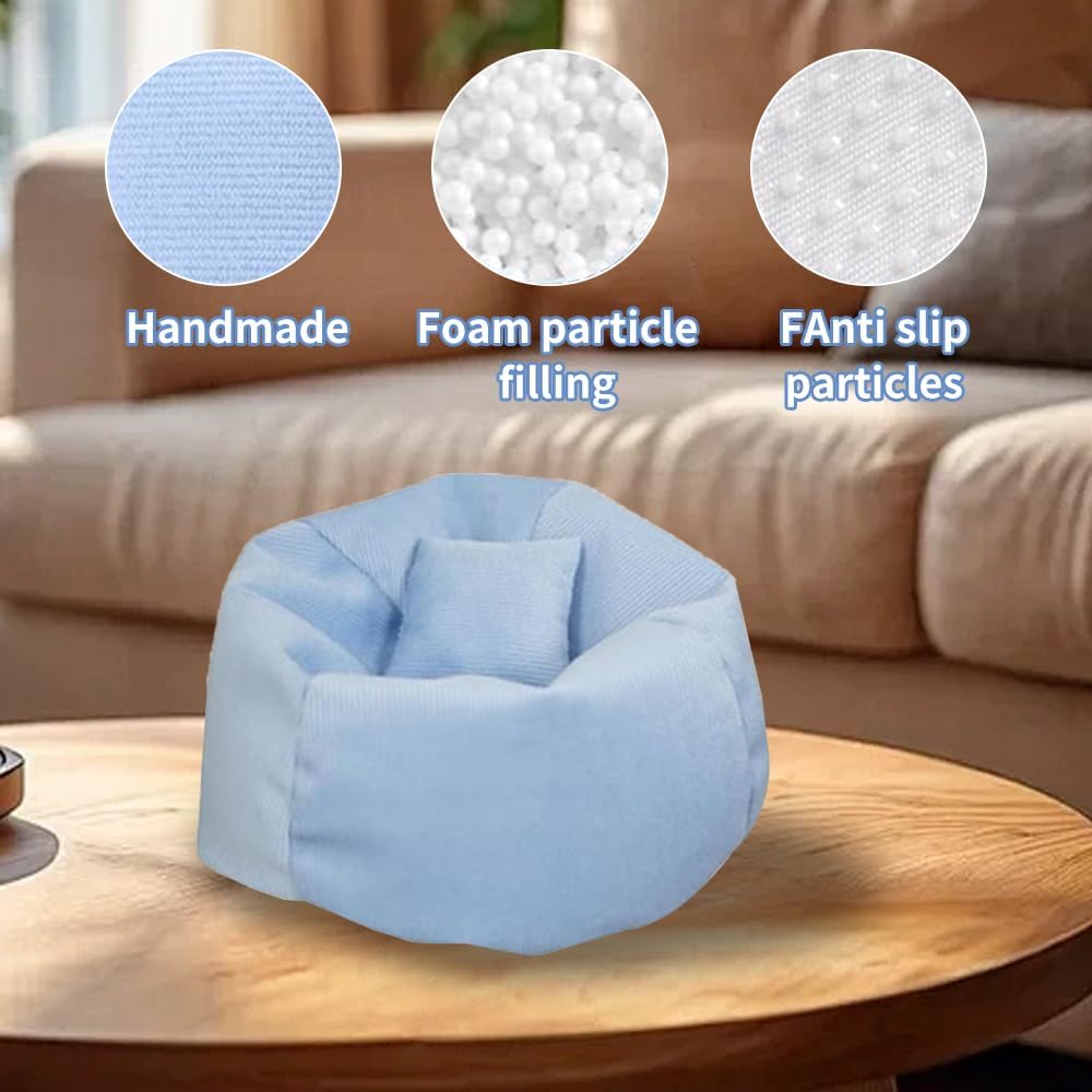 Miniature Sofa for Labubu, Cute Doll Seat for 17cm Labubu, Handmade Bean Bag Chair with Pillows, Soft Lazy Sofa Seat Miniature Couch for Dollhouse Furniture Decoration (Blue)