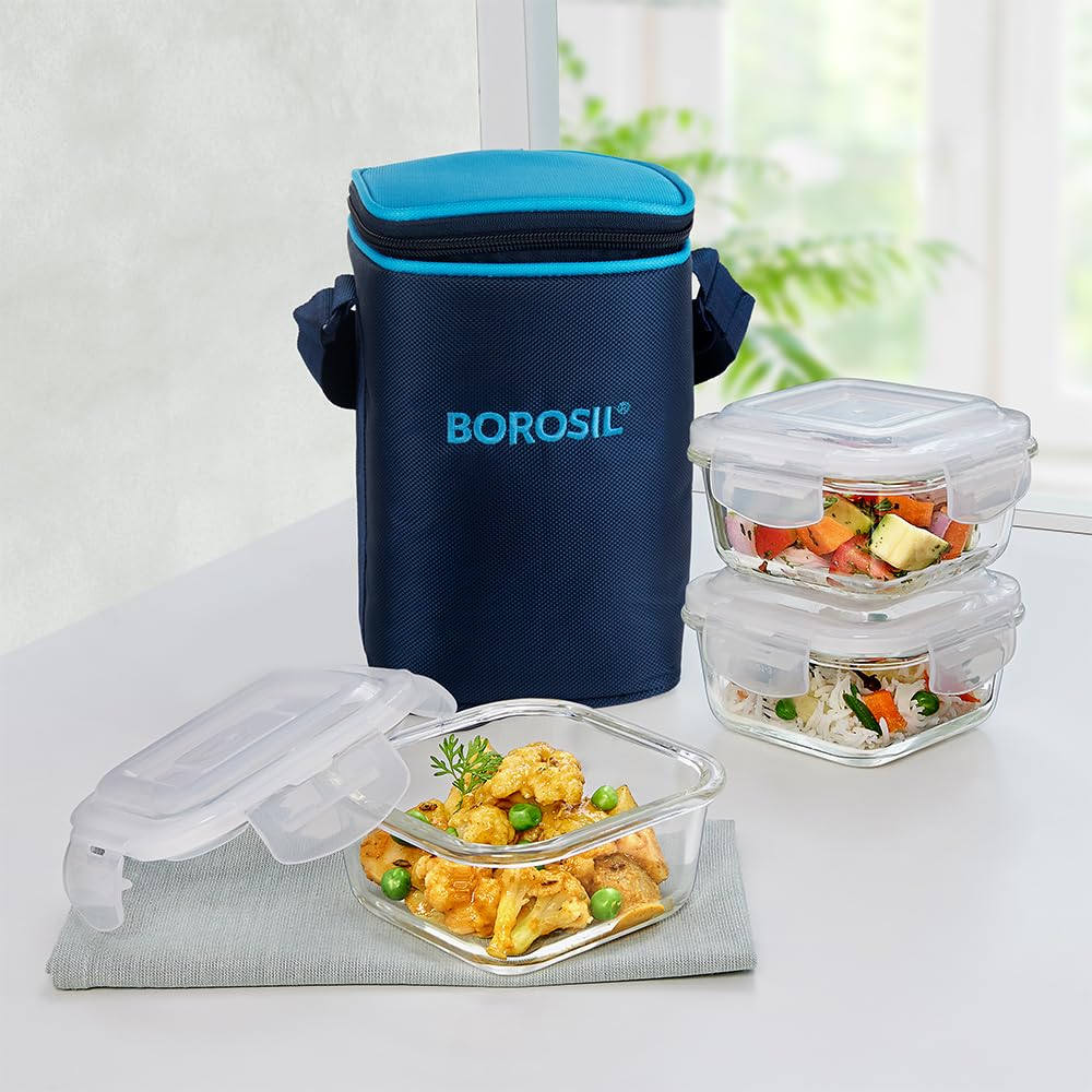 Borosil Lunchbox with Bag | 3pc Borosilicate Glass Square Container Set (320 ml Each) | Microwave & Dishwasher Safe, Lea