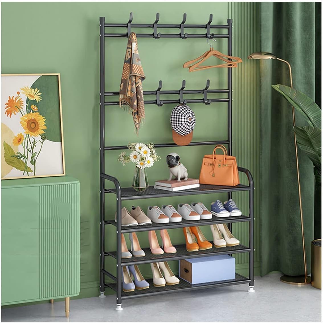 MYUYEE Clothes Rail Wardrobe Bench Entrance Area With Coat Hooks, Hallway Tree Entrance Area Storage Shelf Multifunctional Hallway Orga With 4-Tier Shoe Rack/Schwa(Schwarz 80Cm-Schwarz)