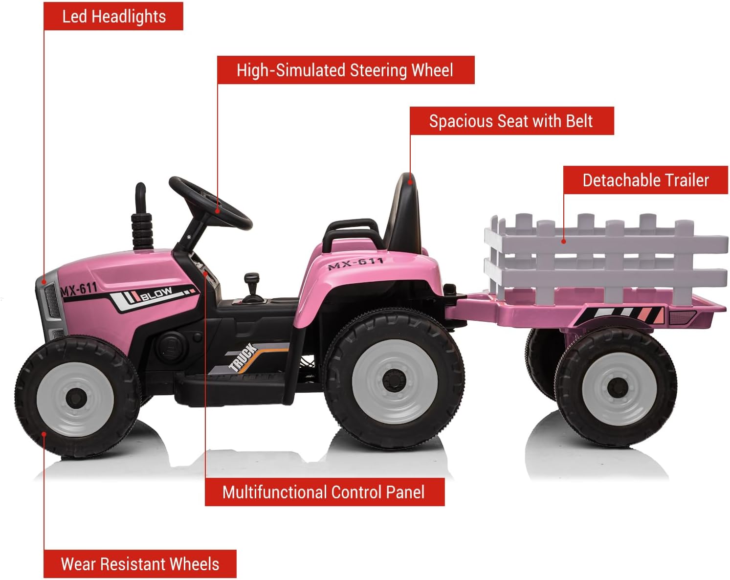 Garvee 12V Kids Ride on Tractor with Trailer & Remote Control, Speed Up to 5 Mph, Toddler Electric Vehicle Car with Headlights,2+1 Gear Shift, Music, USB for 3-6 Years Children