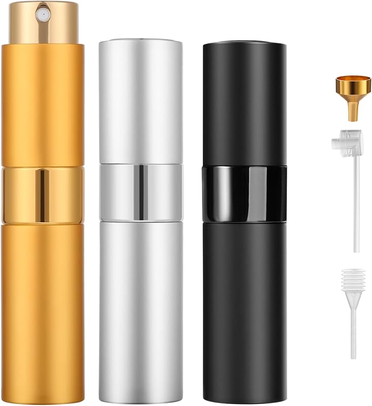 Frasco atomizador recarregável para perfume Likealot 8 mL, 3 unidades – Preto, dourado e prata