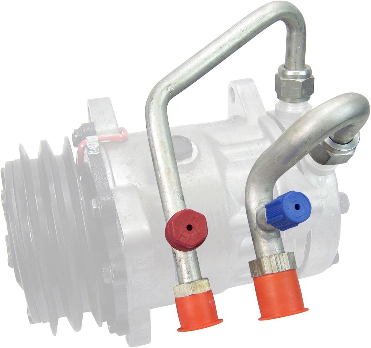 Custom Sanden Style Compressor Fittings w/134a Service Ports, Driver Side, Plain Finish #12-0056