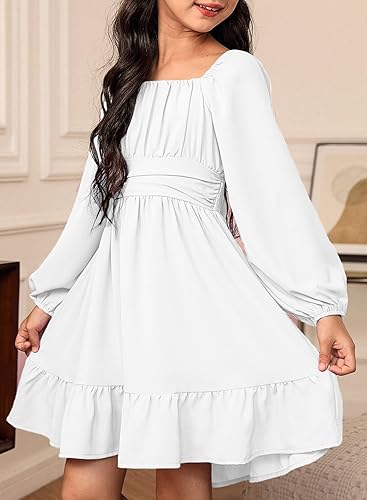 Miniatura 4 de blibean - Vestido de manga larga con lazo en la espalda para niñas y preadolescentes, vestido de otoño con hombros descubiertos, tallas para 6-15