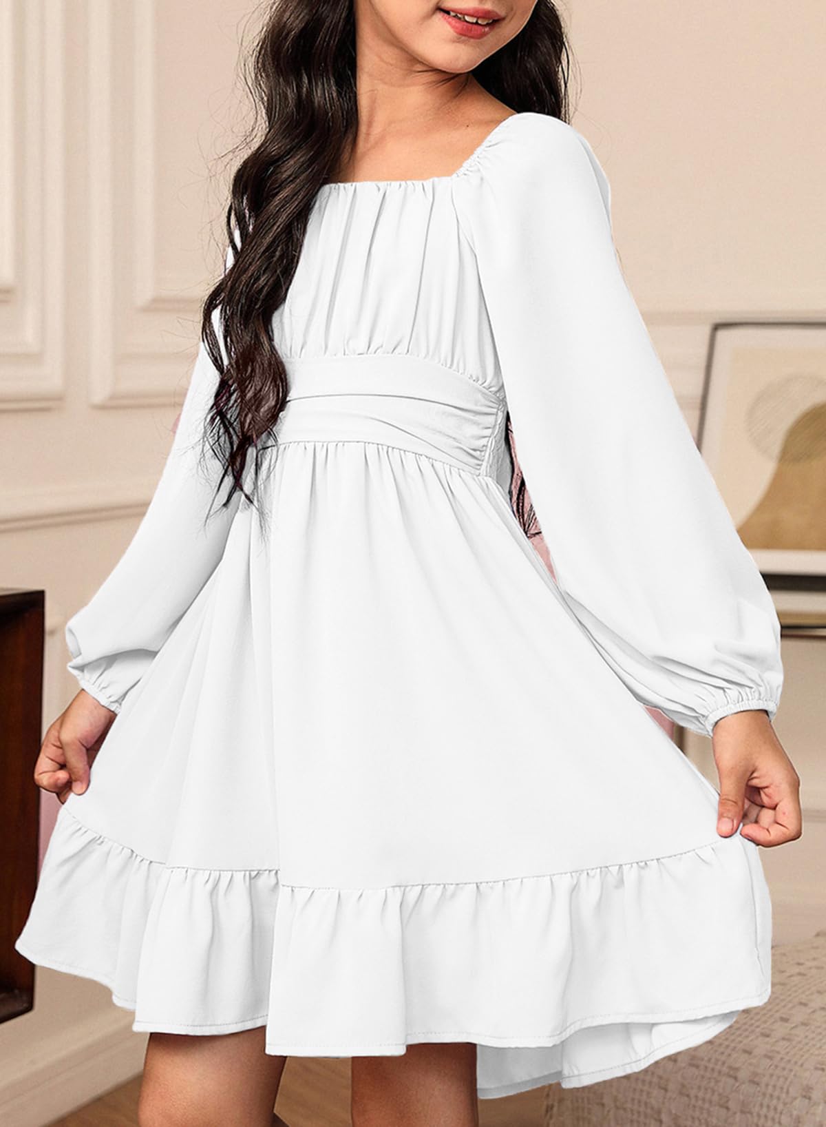 blibean Vestido de manga larga para niñas con lazo en la espalda, vestido de otoño con hombros descubiertos, talla 6-15 años