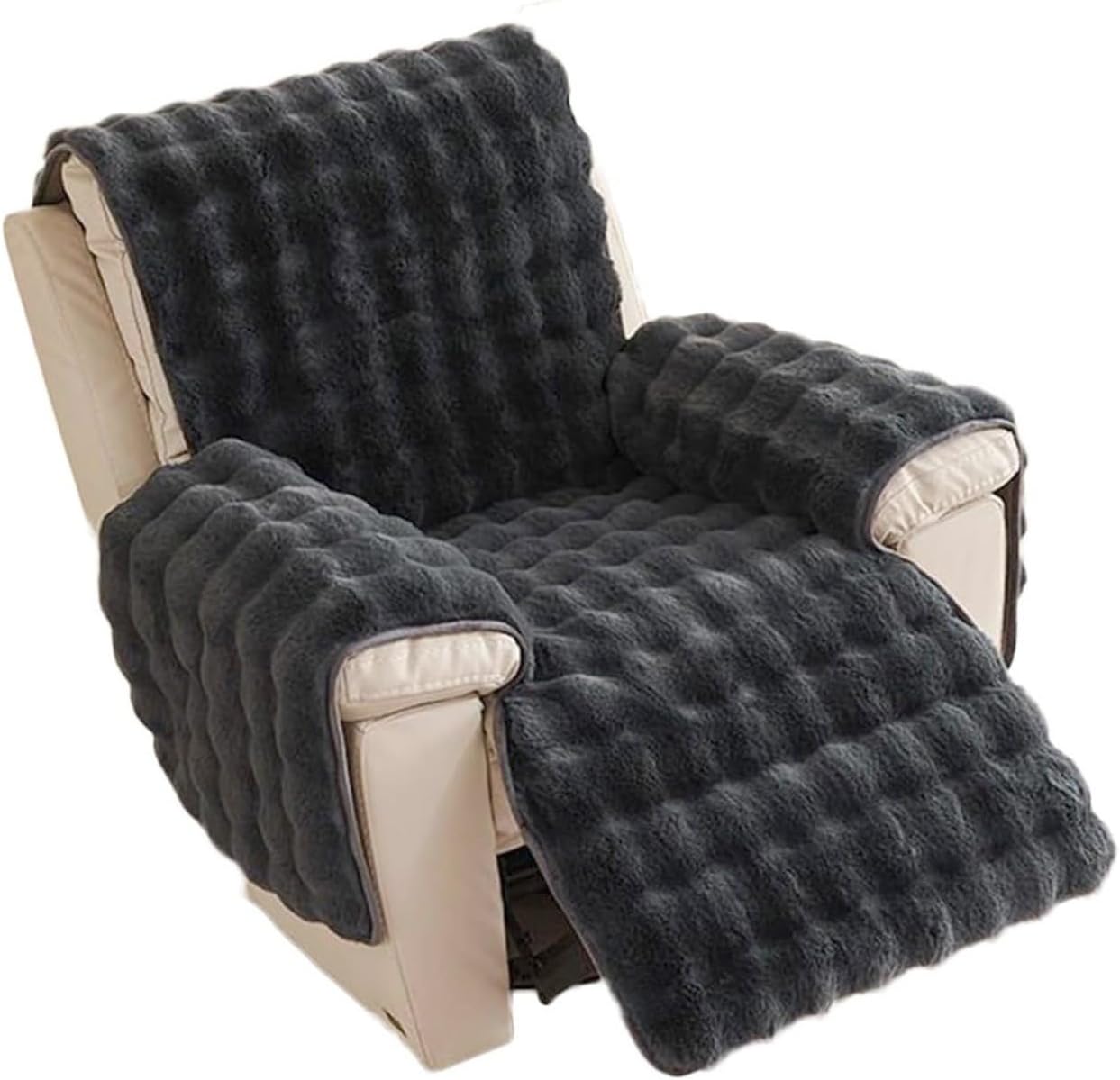 Plush Recliner Chair Cover Faux Fur Reclining Couch Slipcover Sofa Armrest Covers Headrest Protector Thick Shaggy Fuzzy for Large Armchair Soft Small Washable 1 Seat Winter(Dark Gray)