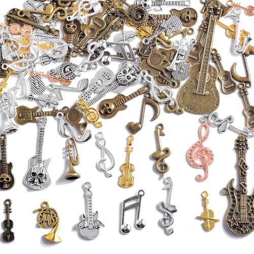 stino Music Charms 100g, Silver & Gold Guitar Charms for Jewelry Making and Crafting, Multi-Purpose Charms for Bracelets, Necklaces, Key Chains etc., Rich Choice of 30 Themes