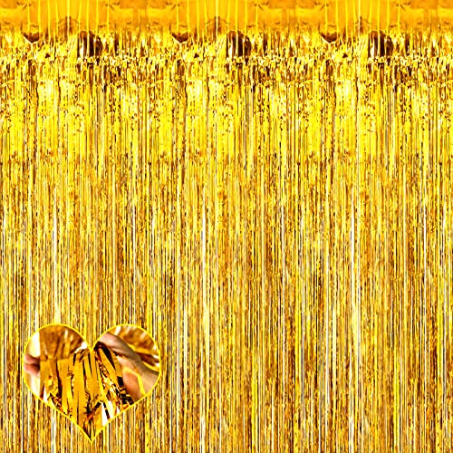 Image of 4 Pack Gold Fringe Curtain Backdrop, 3.2Ft x 6.6Ft Metallic Tinsel Foil Fringe Streamers Background for Photo Booth Birthday Wedding Baby Shower Carnival Easter Mother's Day Party Decorations