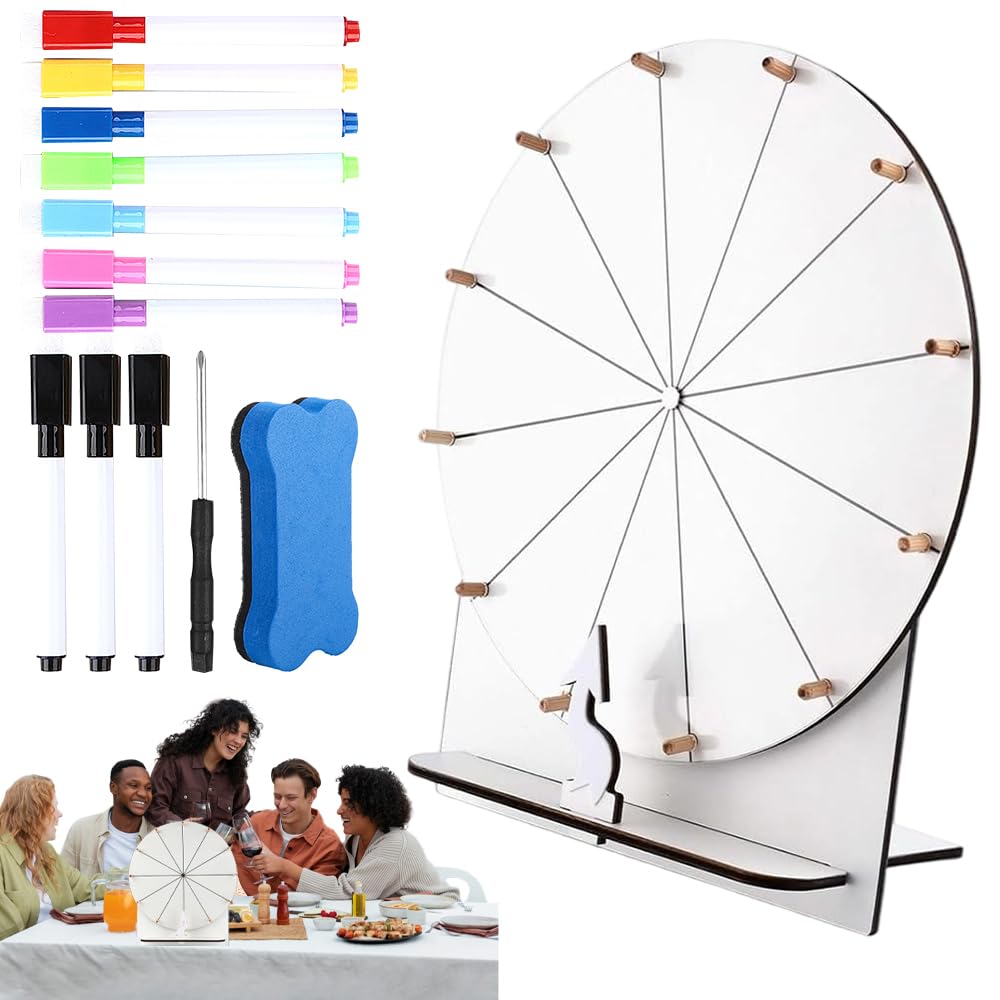 Glücksrad zum Drehen, 29cm Hölzernes Glücksrad, Großes Glücksrad Set mit Radiergummi und Markierstift, Glücksrad zum Selbstgestalten, Drehrad Glücksrad für Lotteriespiele Wortspiele (Weiß)
