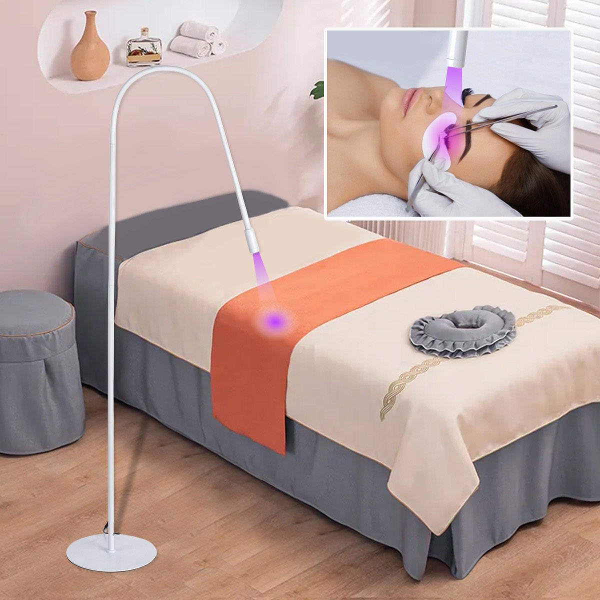 UV-Wimpernlampe für Wimpernverlängerung mit Fußschalter, Augenklappe, Schutzbrille, flexiblem Schwanenhals, 5 W dimmbare Spotlight-LED-Stehlampe, Kleber härtet in 1–3 Sekunden aus,White