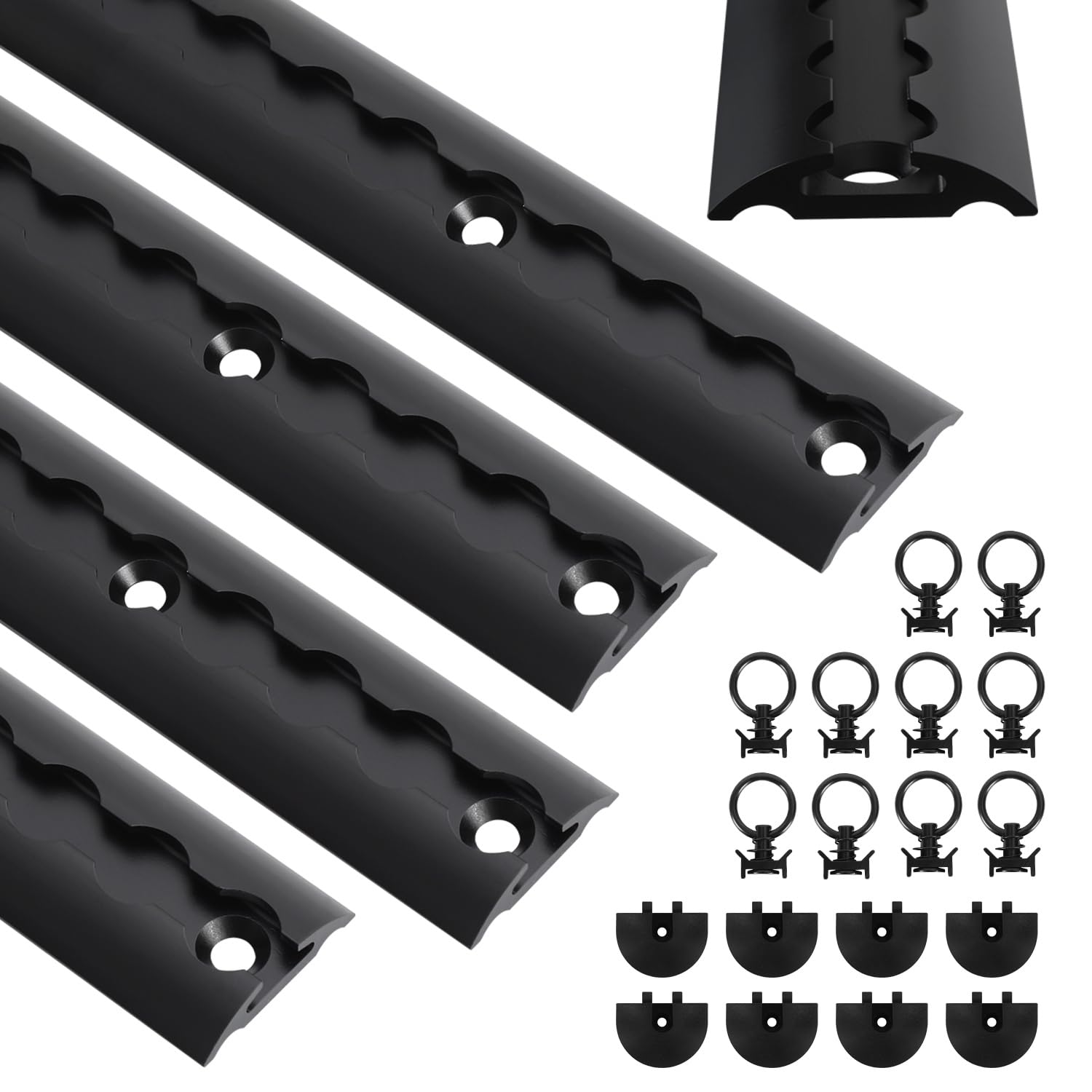 Airlineschiene Aluminium 4x1m Halbrund - Schwarz | Eloxierte Zurrschiene; halbrunde Form; inkl. Zurrösen & Endkappen; für Anhänger, LKW, Camper; hohe Stabilität & Langlebigkeit
