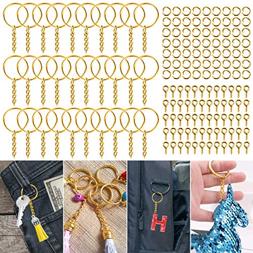 Keychain Rings Kit for Crafts Gold, PAXCOO Includes 100Pcs Split Key Ring with Chain, 100pcs Jump Rings and 100pcs Screw Eye Pins for Resin Keychain Making by PAXCOO - Image 8