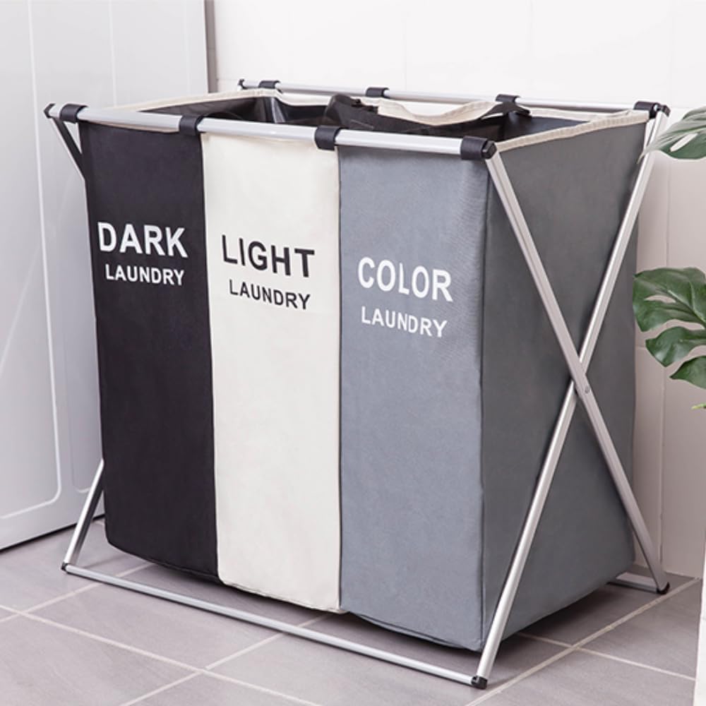 Laundry Basket, 3 Section Laundry Hamper Printed Dark Light Color, Foldable Laundry Sorter Basket Bin w/Aluminum Frame, Waterproof Clothes Hamper for Bathroom, Bedroom, Dorm, Multicolored