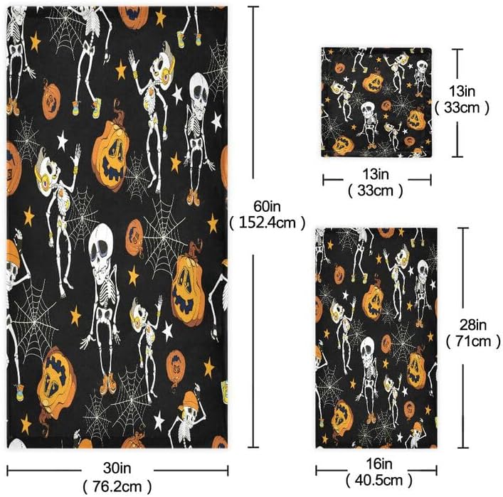 Miniatura 2 de Dancing Halloween Skeletons - Juego de 3 toallas de baño de tela de araña de calabaza, toalla de baño de lujo, toallas de mano decorativas de