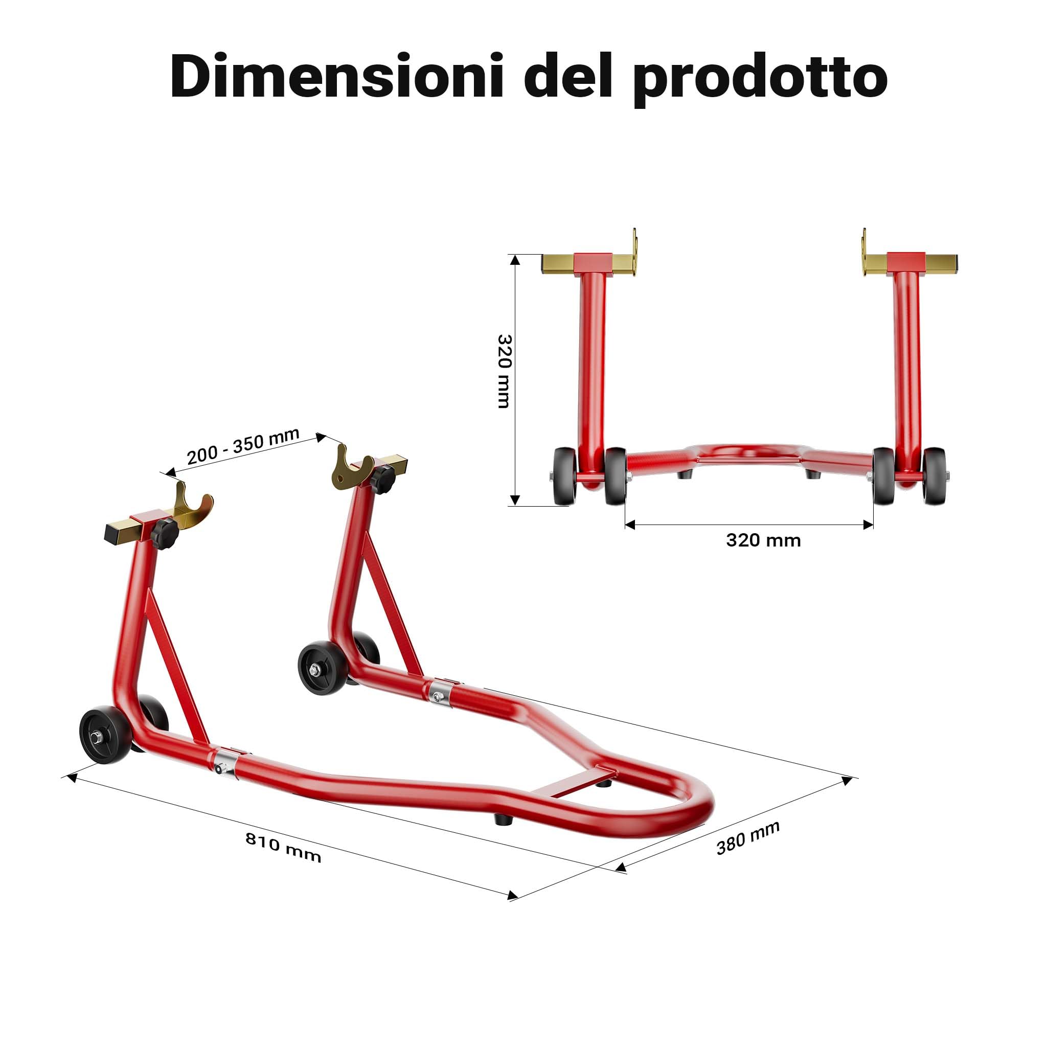 Wiltec Cavalletto alzamoto posteriore sotto forcella, max 450 kg, con rotelle, per ruote posteriori