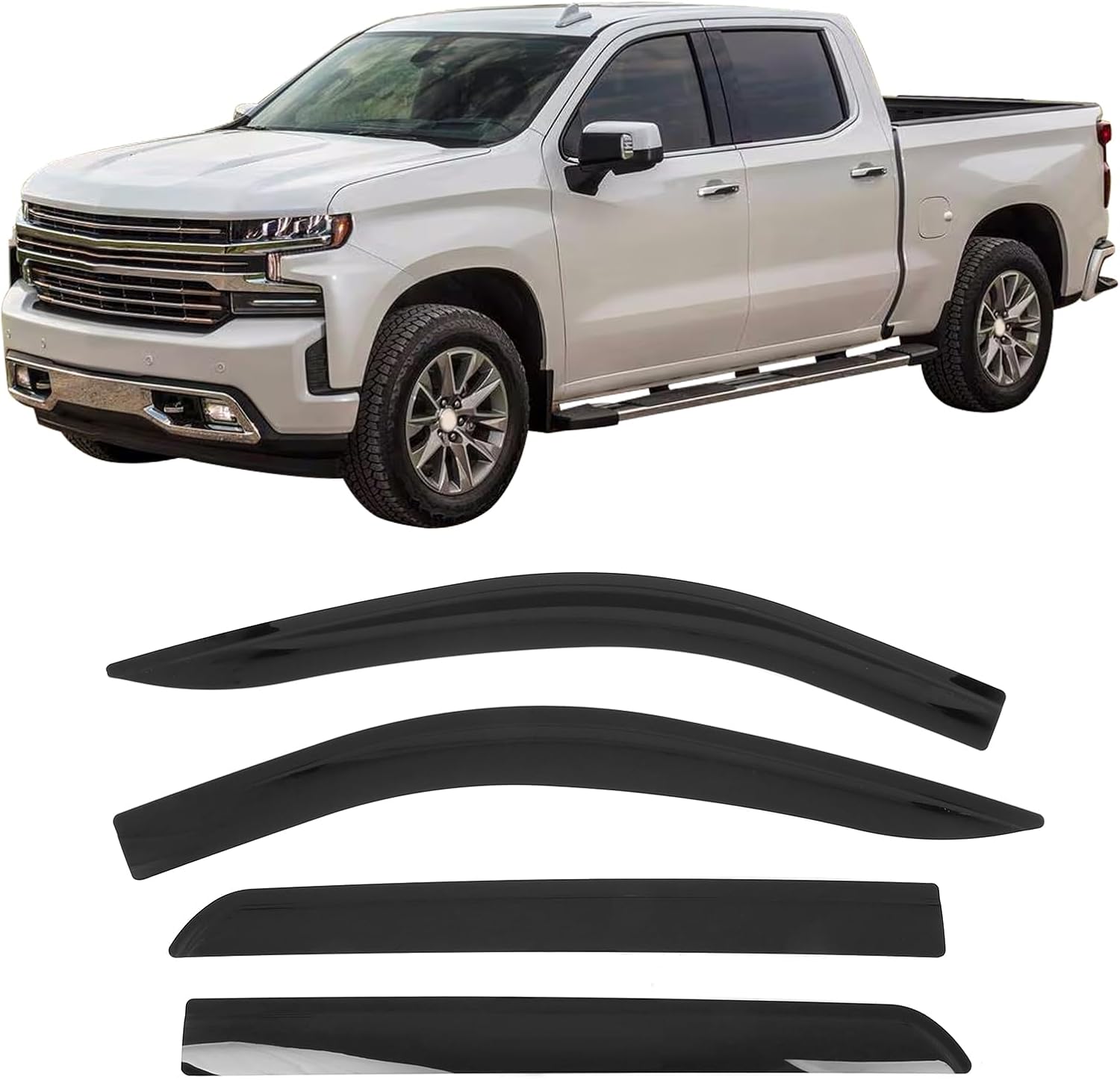 IKON MOTORSPORTS Tape on Low Profile Window Visors Compatible with 2019-2026 Chevy Silverado & GMC Sierra 1500 2500 Crew Cab, Acrylic Smoke/Tinted Rain Guards, Side Window Wind Deflectors 4PCS