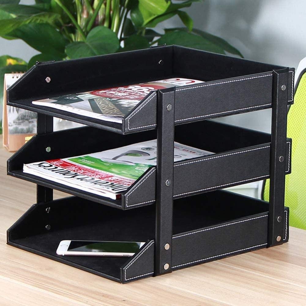 Organizador apilable de 3 niveles con acabado de piel sintética de madera en marrón y negro