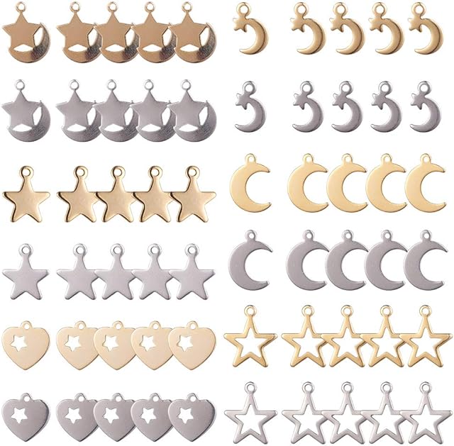 SUNNYCLUE 1 Box 60pcs 6 Shapes Moon and Star Charms Pendants Crescent Moon Charm Stainless Steel Stamping Blank Tag Pendants for Necklace Earring Bracelet Jewellery Making Accessories, Golden & Silver