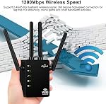 AC1200 WiFi Booster de signal d'extension, couvre jusqu'à 10000 FP et 60 Dispositifs, 1200Mbps Double bande 2,4GHz et 5GHZ WiFi Extendeur de portée, répéteur sans fil, booster Internet avec ports Ethernet, WPS Configuration noir