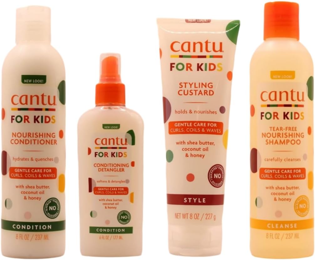 Cantu Care For Kids Gentle Care for Textured Hair - Shampoo + Conditioner + Detangler + Styling Custard (SET OF 4)