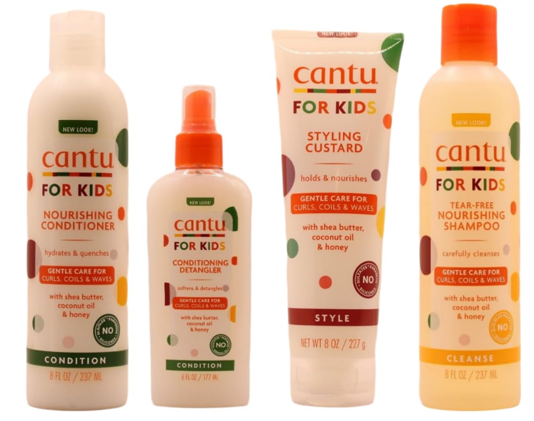 Cantu Care For Kids - Champú + acondicionador + desenredante + fijador de rizos, cuidado suave para cabellos texturizados (juego de 4)