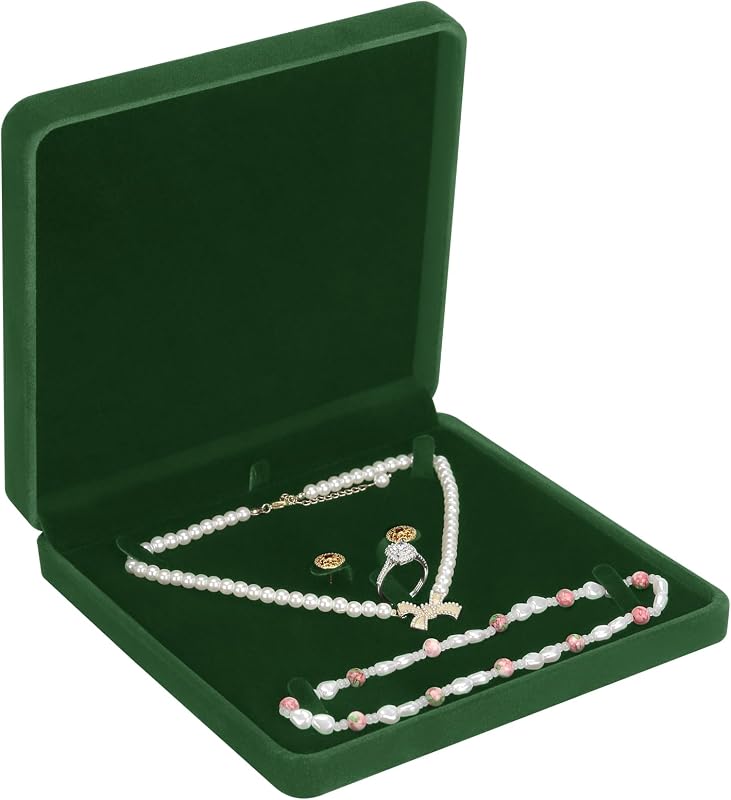 KUKUVR Large Velvet Jewelry Necklace Set Box, Elegant Gift Box for Necklaces Rings Earring Bracelets Pearl, Perfect Present for Special Occasions (Green)