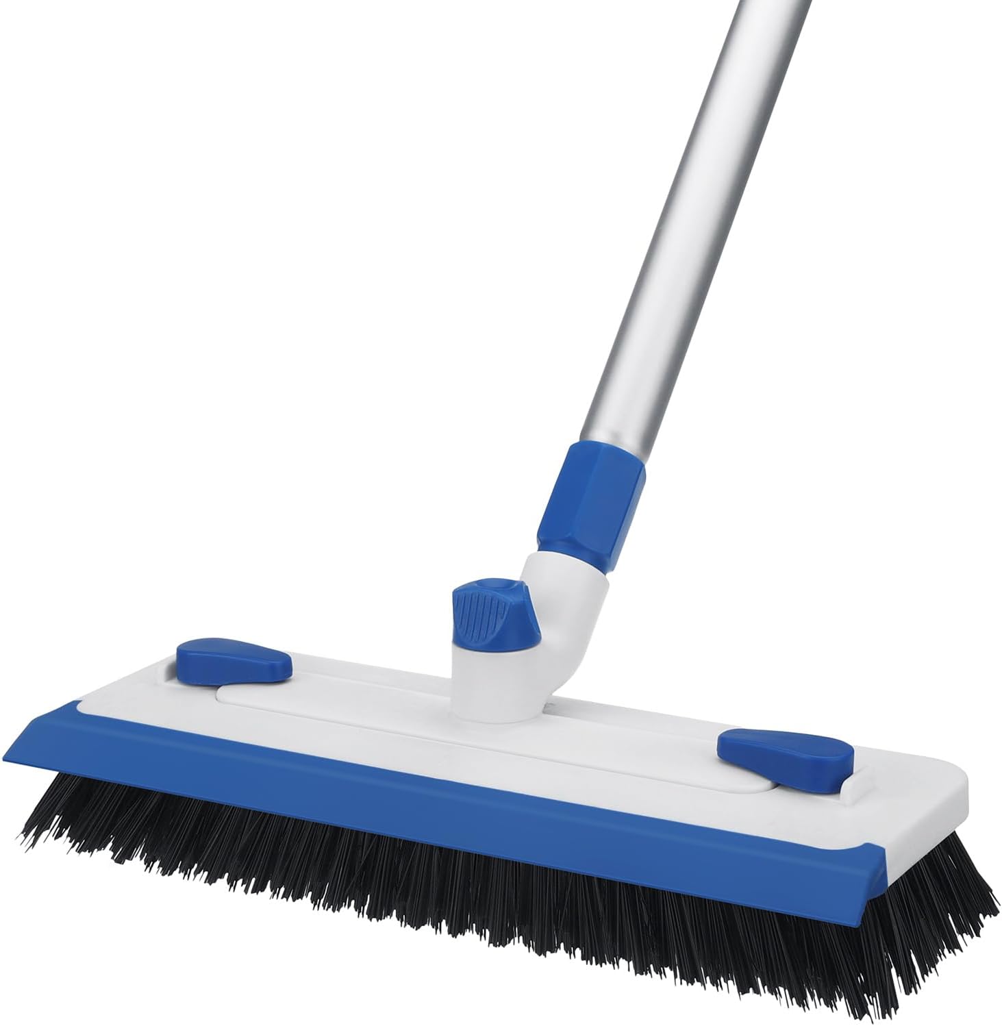 Qaestfy 55'' Extendable Long Handle Floor Scrubber Cleaner Brush with Built-in Grout Brush and Squeegee for Tile, Concrete, Deck, Patio, Rug, Shower, Blue, Aluminum, Nylon Bristles, Hard Floor