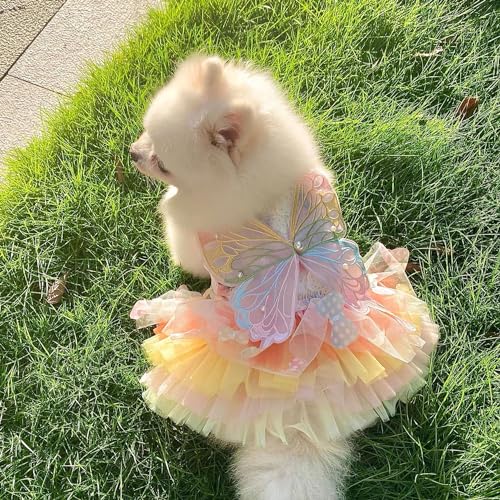 FLAdorepet Vestido de fantasia de cachorro com asas de borboleta, vestido de princesa de gato de est
