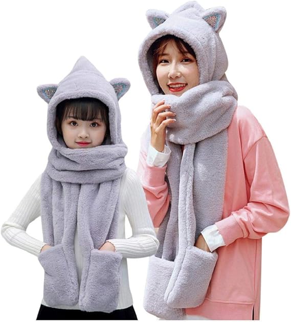 Amazon 親子ペア マフラー Kukoyo レディース キッズ フード付きマフラー 手袋 3点一体 セット お揃い 親子服 ペアルック かわいい ネコ ぬいぐるみ帽子 スカーフ ストール ショール 厚手 冬 おしゃれ 防風 保温 防寒 小顔効果 プレゼント 旅行 写真 マフラー