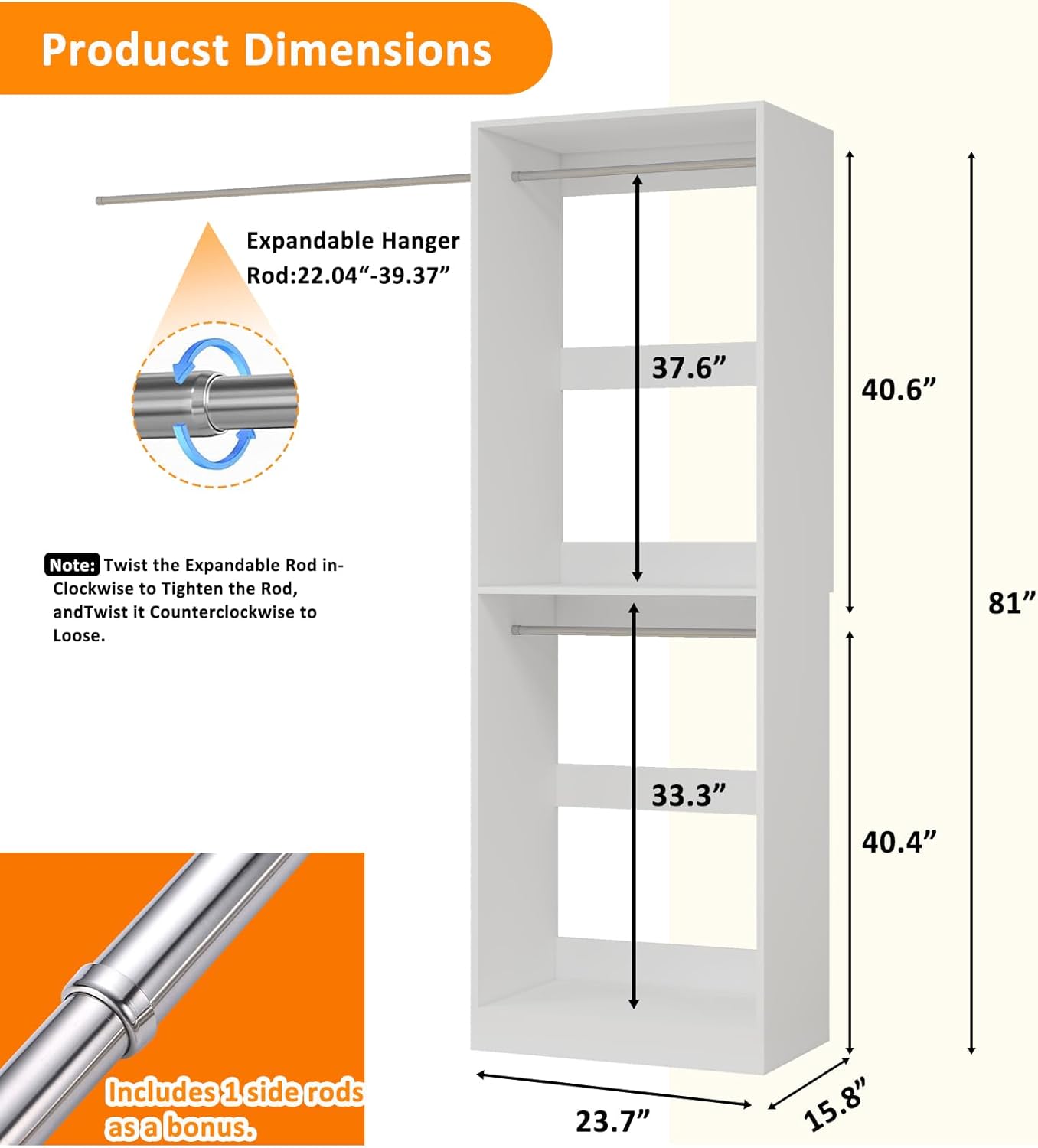 2FT Closet Organizer System with Double Hanging Rods，81" Tall Modular Closet System, Stand-Alone Closet Organizer for Walk-In Closets, Entryways, and Garages (2FT)