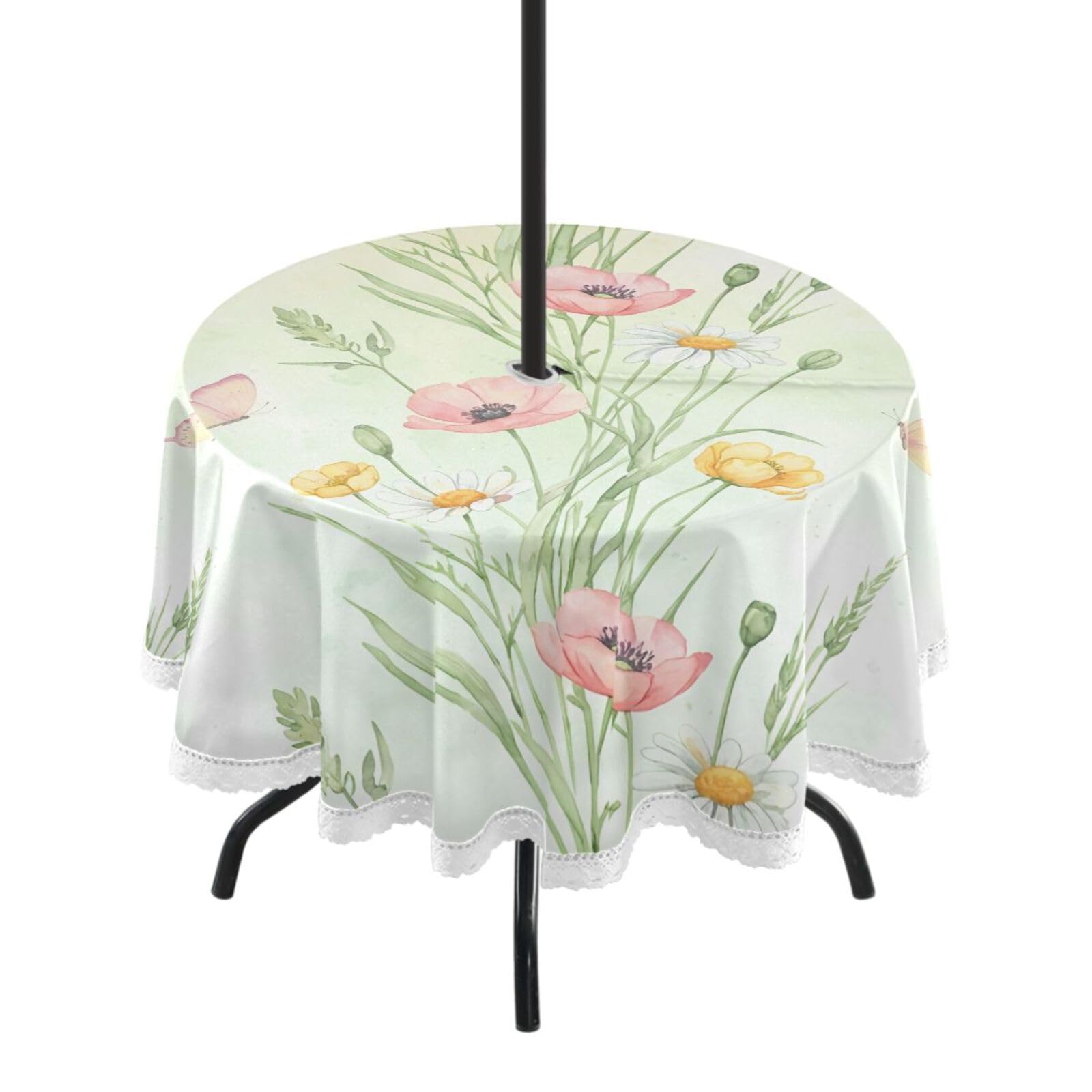 Ttgoth Wildflowers Outdoor Table Cloth 152 cm Water Stain & Resistan Tablecloth Wipeable Table Cover with Parasol Hole & Zipper for Garden Patio Party Picnic