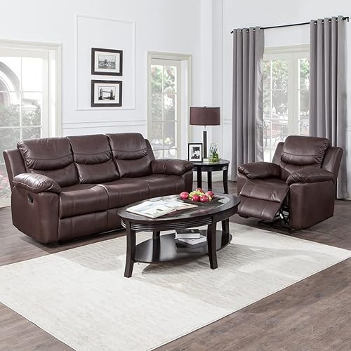 Miniatura 9 de JUNTOSO Juego de sofá reclinable de 3 piezas sillón reclinable de cuero adherido sofá reclinable para sala de estar color chocolate