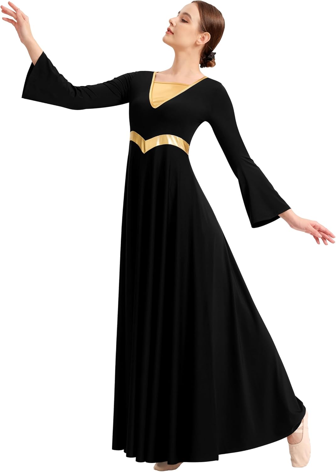 Women Praise Dance Dress Loose Fit Full Length Liturgical Long Sleeve Metallic Block Dress - Image 5