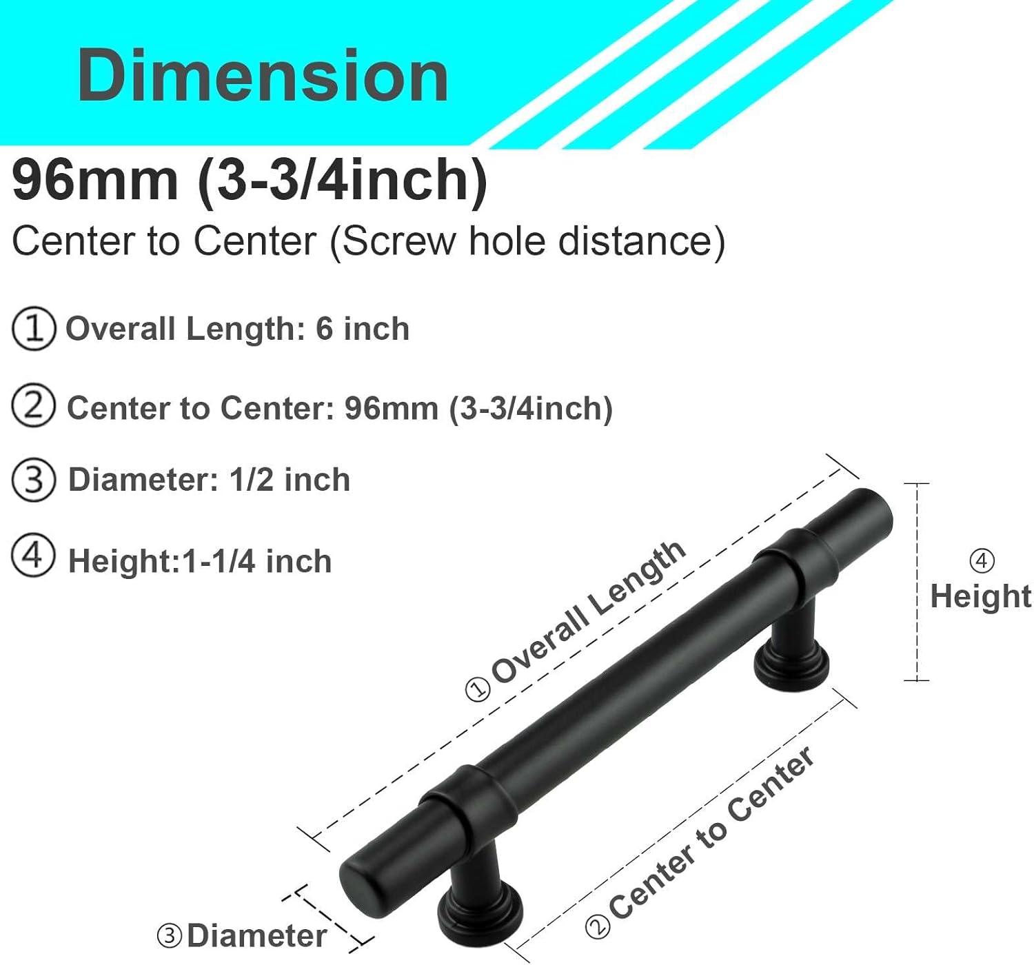 Modket 10 Pack Modern Round Bar Cabinet Handle 304 Stainless Steel — 6" Overall Length, 3-3/4" (96mm) Hole Center, Matte Black