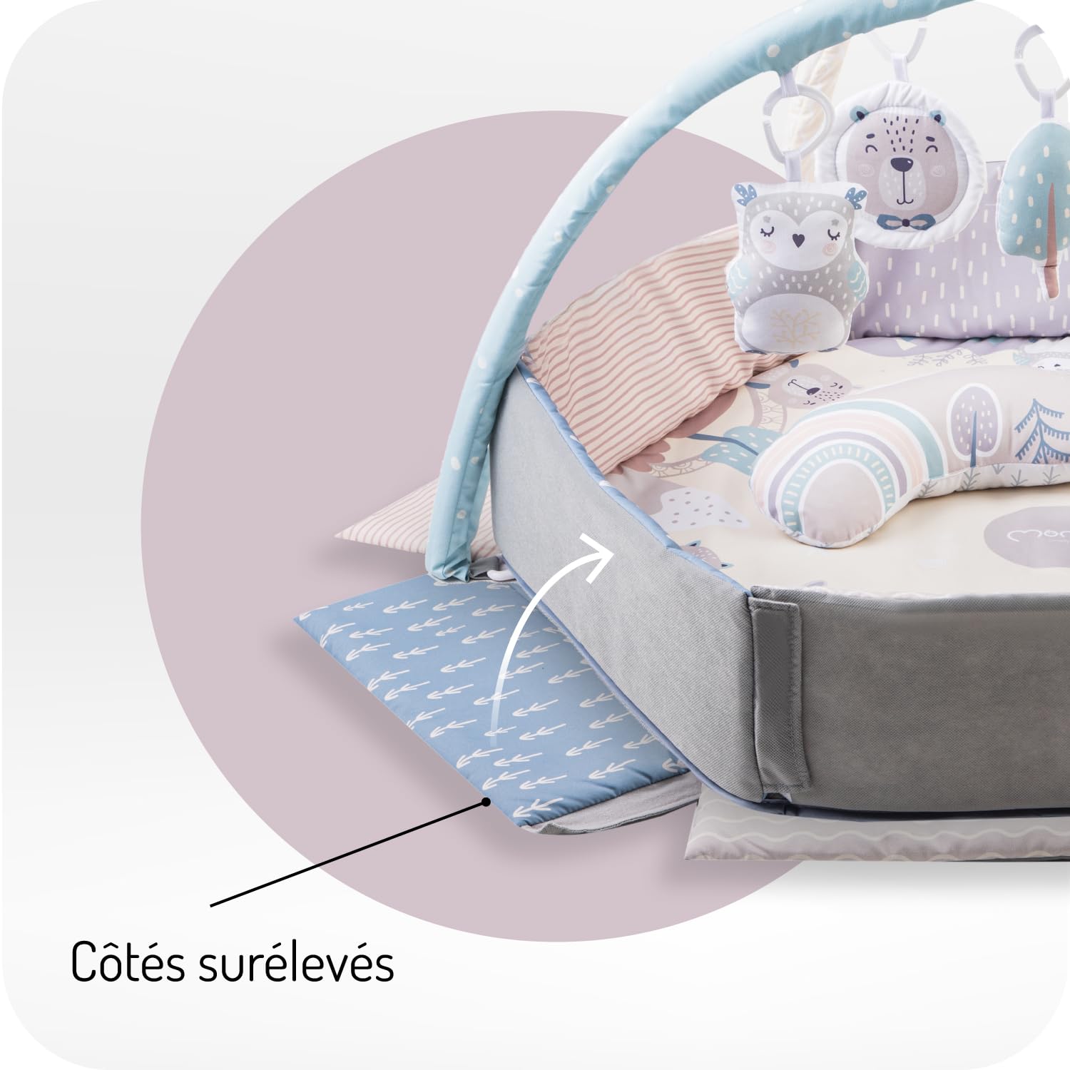 Arche de jeu MoMi PASTEL avec tapis rampant 3 en 1 pour bébé dès la naissance, tapis d'activité sensorielle avec 2 arches, bain de balles, 5 jouets, 20 balles avec sac