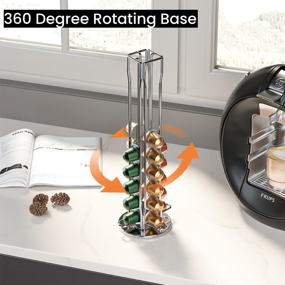 Coffee Pods Organizer Stand, 360° Rotating Metal Holder for 40pcs Nespresso OriginalLine Capsules, Capsule Rack, Compact & Sturdy Capsules Storage Holder for Kitchen Countertop