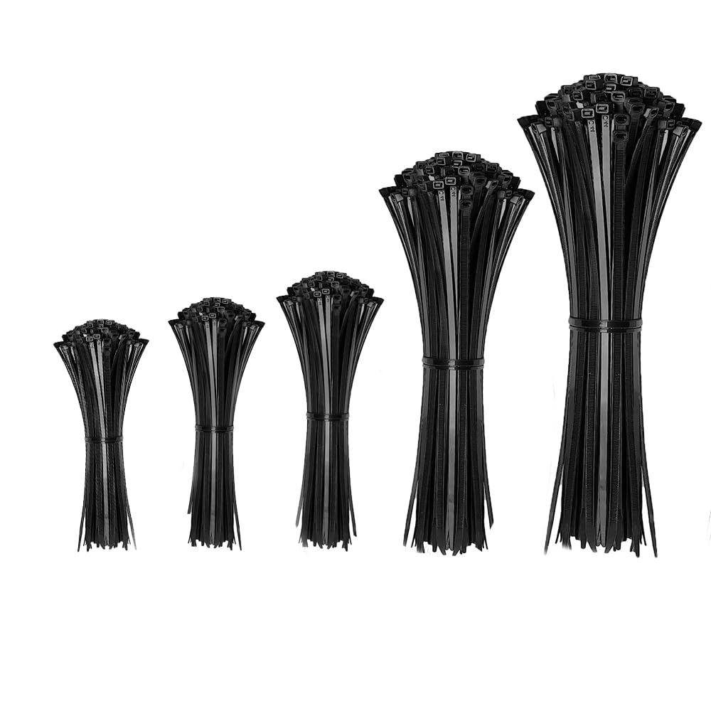 Ukcable-Ties Black 500Pack Assorted Cable Ties Different Sizes Nylon Plastic Zip Tie Wraps For Home, Garden, Warehouse, Industrial Use
