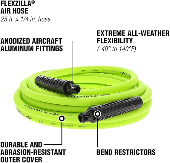 Flexzilla Air Compressor Hose, 1/4 in. x 25 ft., 1/4 in. MNPT Fittings, No-Kink, All Weather, Lightweight, Premium Hybrid Polymer, 300 PSI, ZillaGreen