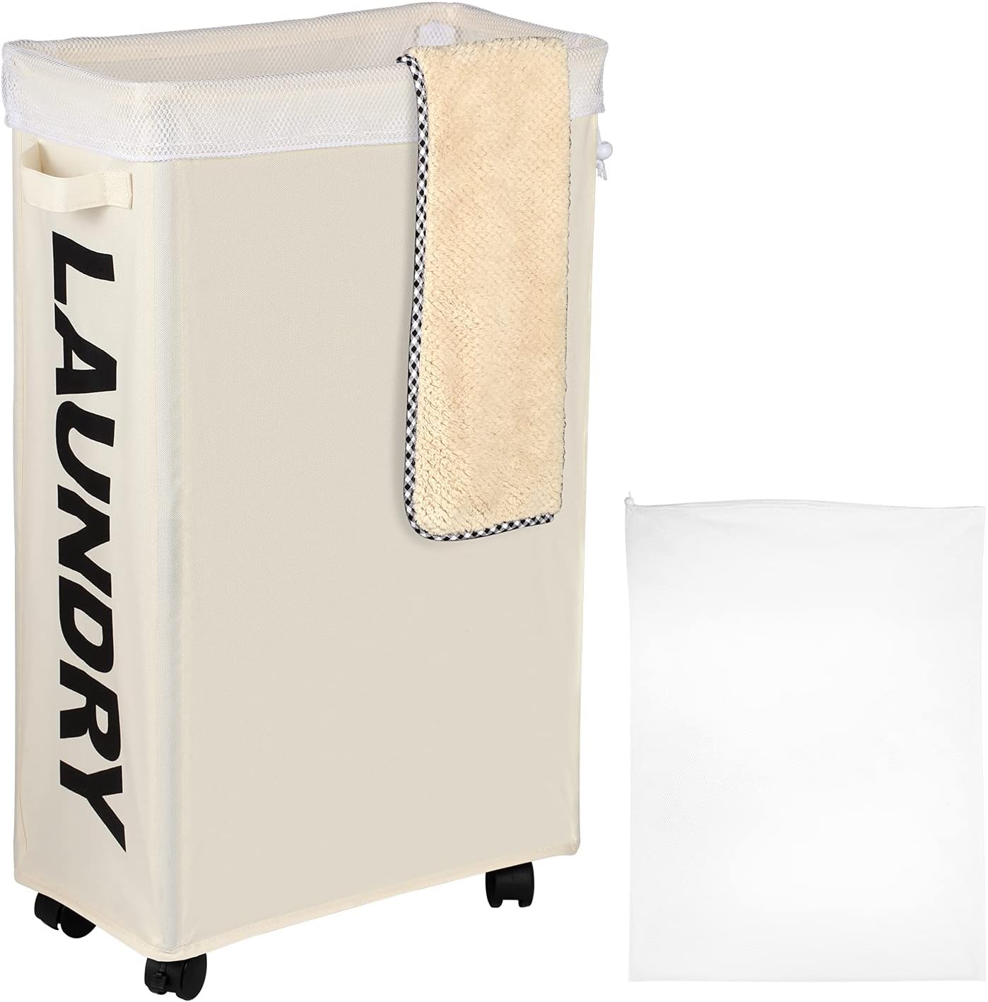 IHOMAGIC 62L Laundry Baskets on Wheels – Decorative Foldable Laundry Hamper with Removable Mesh Laundry Bags, Large Corner Storage Bins Handles for Storing Bedroom Clothes (Beige)