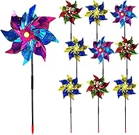 KiDEPOCH 10-Pack 20-Inch Reflective Garden Pinwheels Bird Repellent Stakes | Scare Birds Animals Yard Lawn Farm Red Sparkle Set