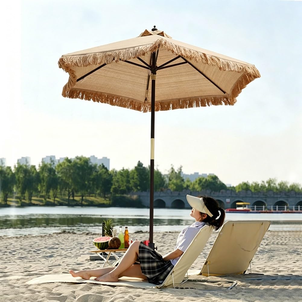 210 cm Hawajski Parasol Ogrodowy ze Słomy Tiki z Frędzlami, Tropikalny Parasol Plażowy ze Strzechą, z Drewnianym Drążkiem i Torbą Transportową