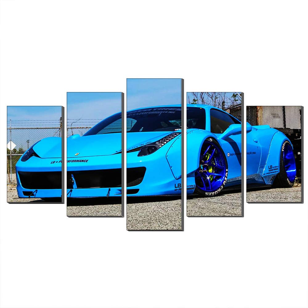 Toile Ferrari bleu grand format 75x150cm habillage mur vide salon cadre inclus