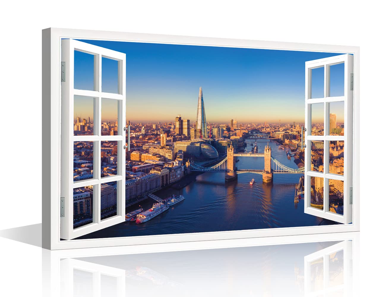 TISHIRON 3D Window Effect London Canvas Art Wall Framed Capital of England Cityscape Home Decor Natural View Pictures for Home Living Room Wall Decor Posters Prints Ready to Hang