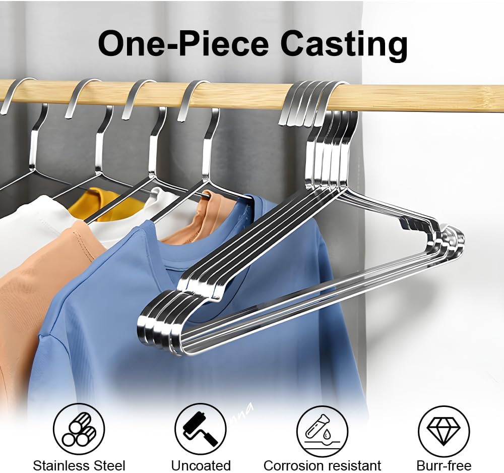 Koja Premium 16.5 inch 304 Stainless Steel 8.0mm Clothes and Coat Hangers, Heavy Duty Metal Hangers, Non-Slip, Space-Saving, Durable Closet Organizer for Shirts, Jackets, Suits, Pants 10-Pack