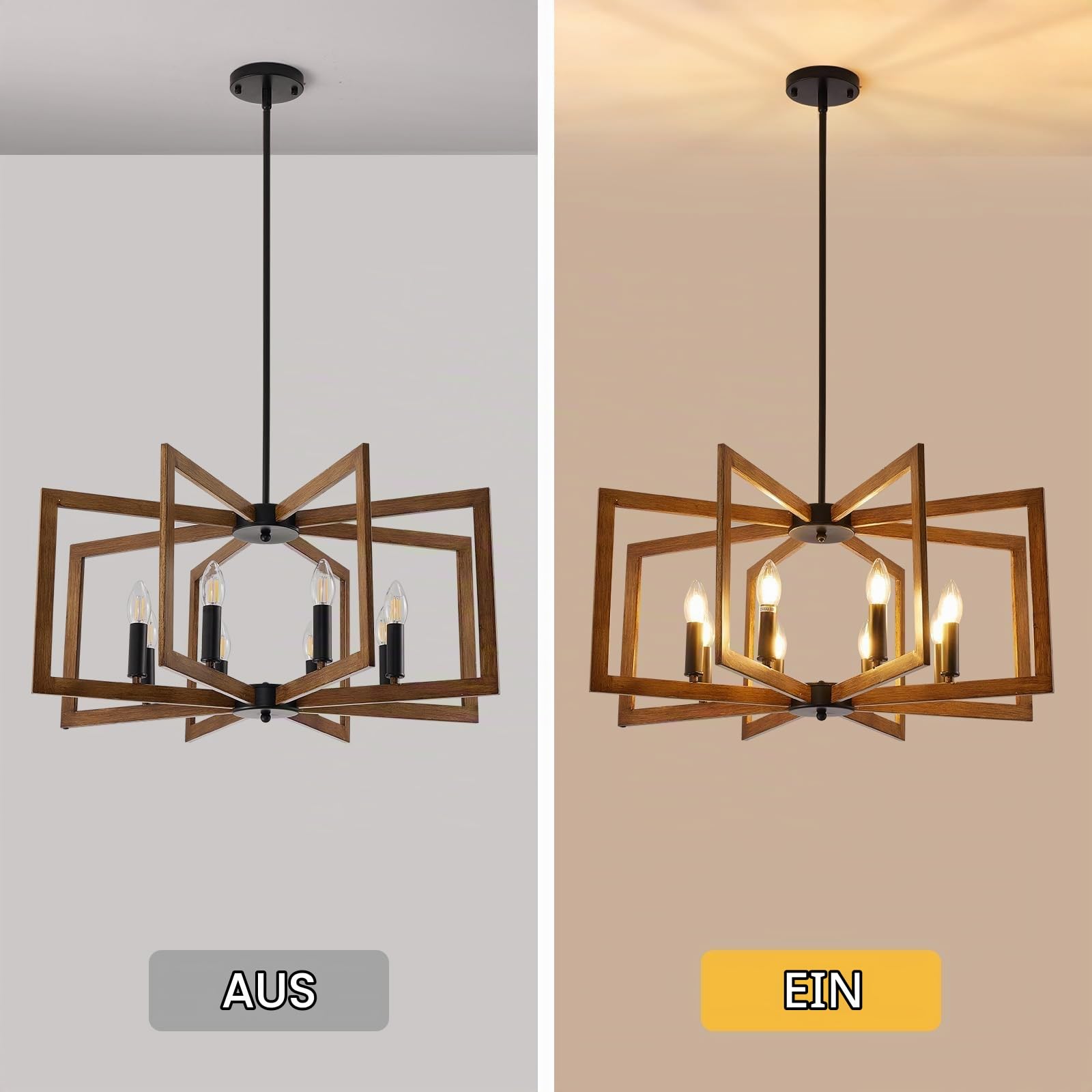 Vintage Deckenleuchte Schlafzimmer,E14 Geometrische Bauernhaus Pendelleuchte 8 Licht Industrielle Metall Deckenleuchten Wohnzimmer FüR KüCheninsel Flur Esszimmer Eingang (Schwarz, Holz)